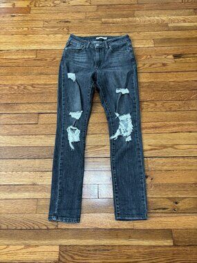 Levi's 721 High Rise Skinny Jeans Womens Size 27 Black Distressed Stretch Denim